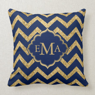 Gold Glitter Blaues Chevron-Zickzack-Muster-Monogr Kissen