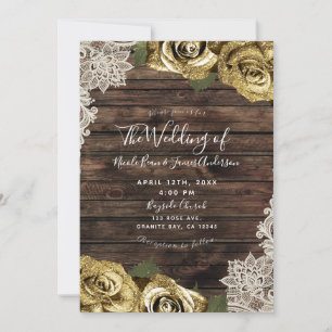 Gold Glitter Blumenrosen Rustikales Holz Creme Spi Einladung
