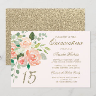 Gold Glitter Blush Pfirsich Floral Quinceanera Einladung
