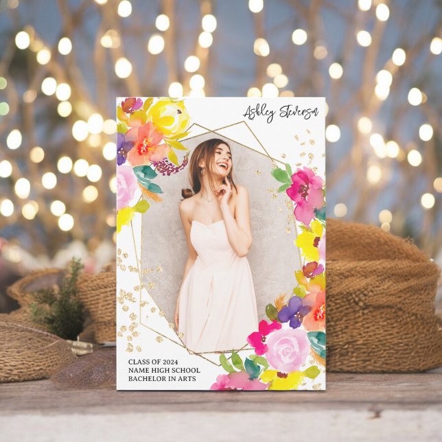 Gold glitter boho bold floral photo graduation ankündigung (Gold glitter boho bold floral photo graduation announcement)