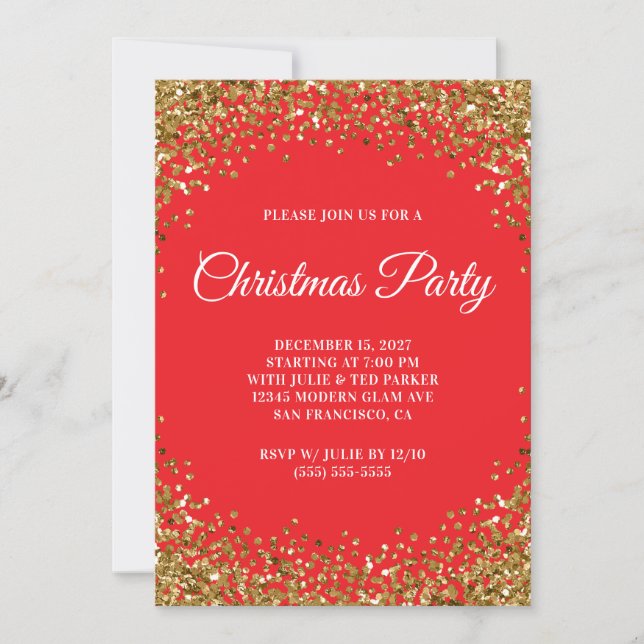 Gold Glitter Border Red Christmas Party Einladung (Vorderseite)