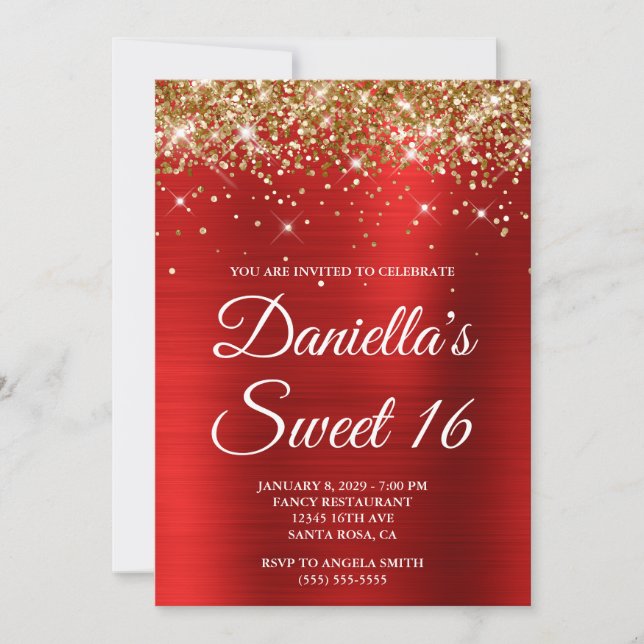 Gold Glitter Bright Red Foil Sweet 16 Einladung (Vorderseite)