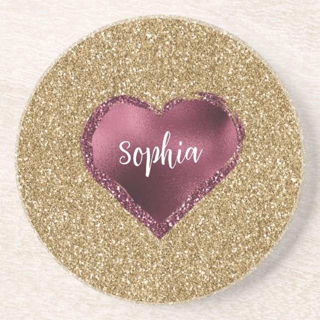 Gold Glitter Burgundy Red Heart Love Getränkeuntersetzer (Vorne)