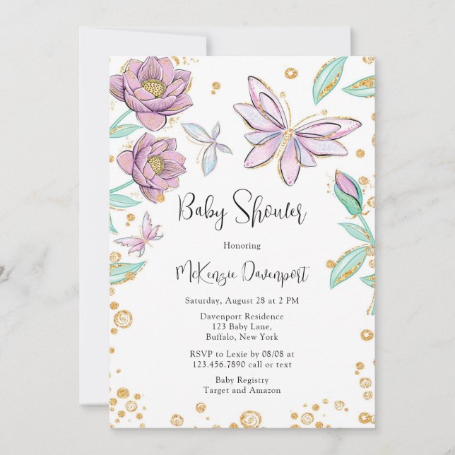 Gold Glitter Butterfly and Flower Girl Baby Shower Einladung (Vorderseite)