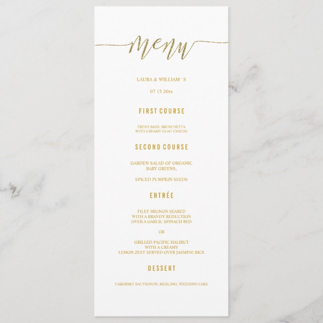 Gold Glitter Calligraphy Wedding Menu Dinner Cards Menükarte (Vorderseite)