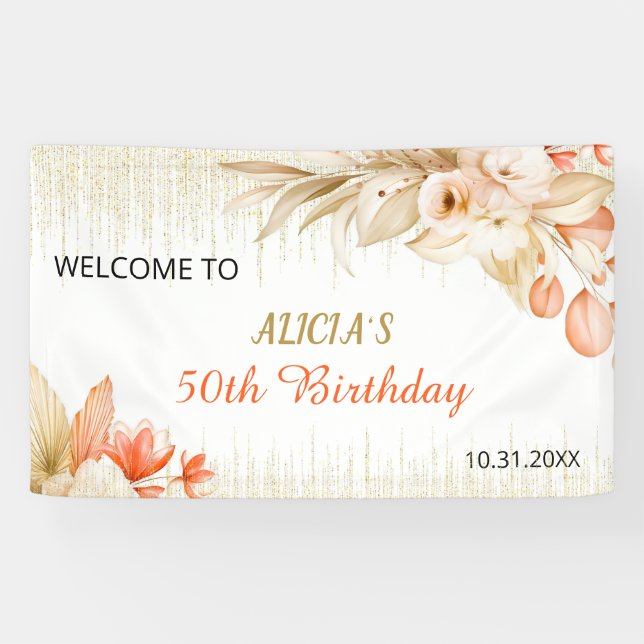 Gold Glitter Chain Yellow Orange Floral Birthday Banner (Horizontal)