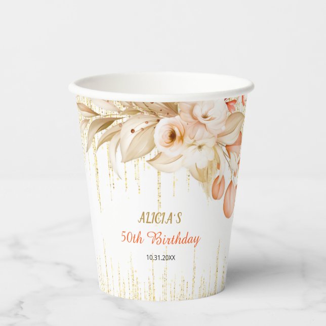 Gold Glitter Chain Yellow Orange Flower Birthday  Pappbecher (Vorderseite)