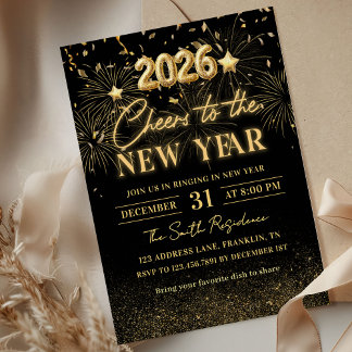 Gold Glitter Cheers to the New Year Invitation Einladung