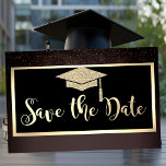 Gold Glitter Confetti Brown Grad Save The Date<br><div class="desc">Elegant gold glitter graduated cap,  and confetti on a brown background.</div>