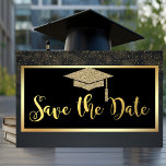 Gold Glitter Confetti Graduation Save The Date<br><div class="desc">Elegant gold glitter graduated cap,  and confetti on a black background.</div>