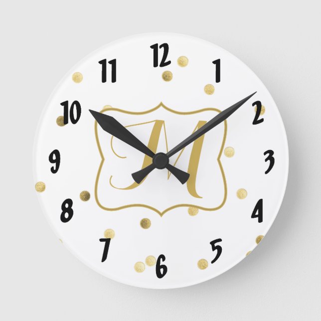 Gold Glitter Confetti Monogram Initial Wall Clock Runde Wanduhr (Vorderseite)