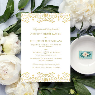 Gold Glitter Damast Hochzeit oben unten Einladung