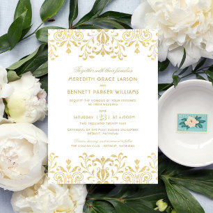 Gold Glitter Damast Hochzeit oben unten Einladung