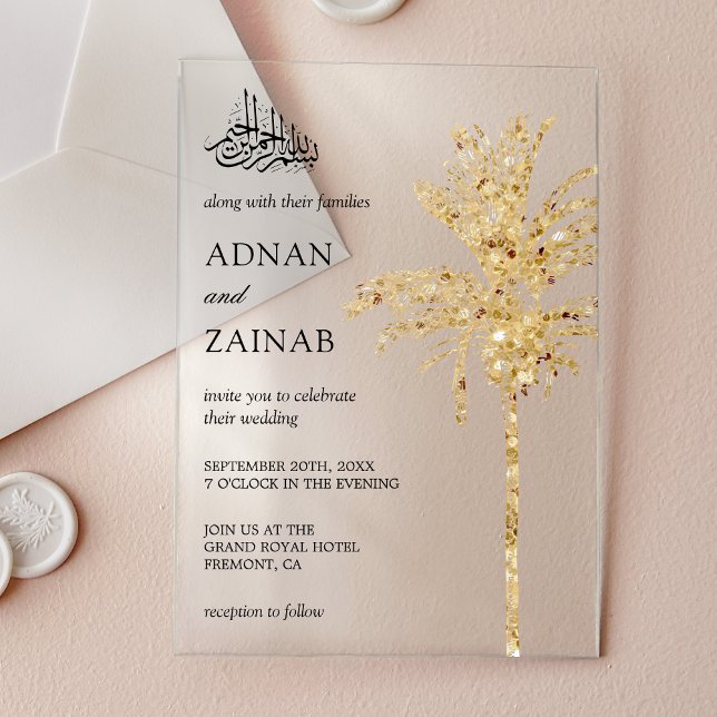 Gold Glitter Date Palm Muslim Wedding Acryleinladungen (Von Creator hochgeladen)