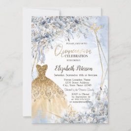 Gold Glitter Dress Blue Flowers Quinceanera Einladung