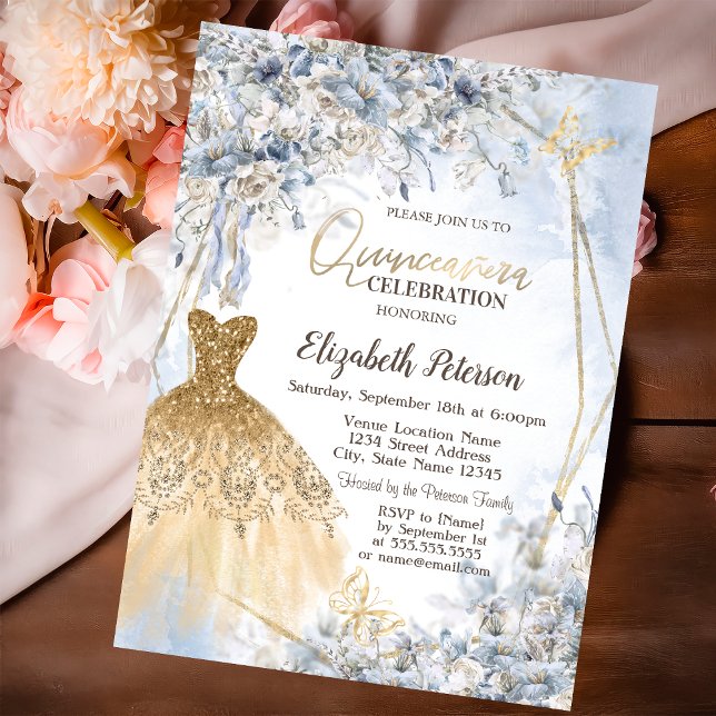 Gold Glitter Dress Flowers Butterfly Quinceanera Einladung (Von Creator hochgeladen)