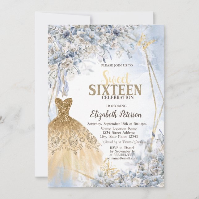 Gold Glitter Dress Flowers Butterfly Sweet 16 Einladung (Vorderseite)