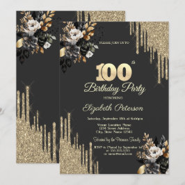Gold Glitter Drips Black Roses Dark 100th Einladung