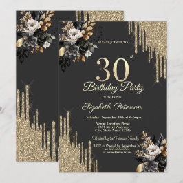 Gold Glitter Drips Black Roses Dark 30th Birthday  Einladung