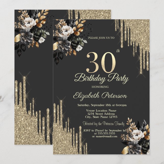 Gold Glitter Drips Black Roses Dark 30th Birthday  Einladung (Vorne/Hinten)