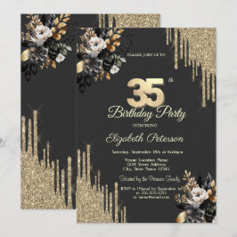Gold Glitter Drips Black Roses Dark 35th Birthday Einladung