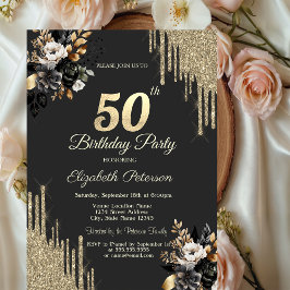 Gold Glitter Drips Black Roses Dark 50th Birthday  Einladung