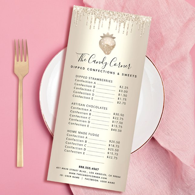 Gold Glitter Drips Chocolate Dessert Sweets Menu Werbekarte (Von Creator hochgeladen)
