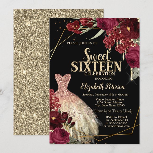 Gold Glitter Drips,Dress Red Roses Sweet 16 Einladung (Vorne/Hinten)