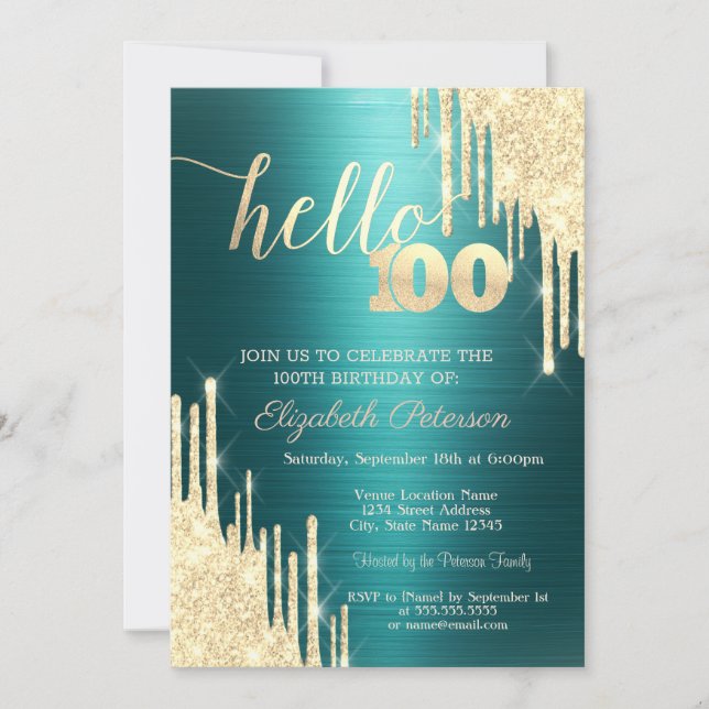 Gold Glitter Drips Green Metallic 100th Birthday Einladung (Vorderseite)