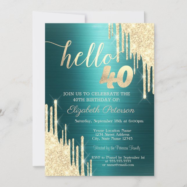 Gold Glitter Drips Green Metallic 40th Birthday Einladung (Vorderseite)