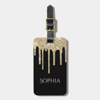Gold Glitter Drips, Name & Info on Black Gepäckanhänger