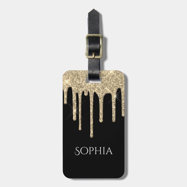 Gold Glitter Drips, Name & Info on Black Gepäckanhänger (Vorderseite vertikal)