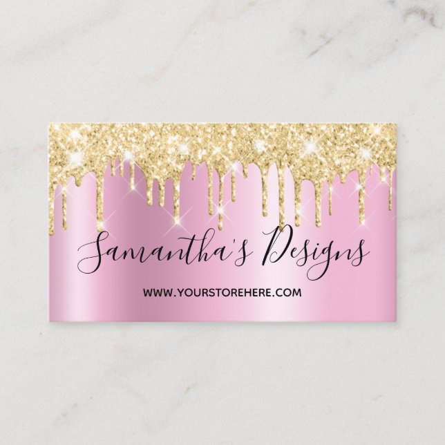 Gold Glitter Drips Pink Shimmer Online Store Visitenkarte (Vorderseite)