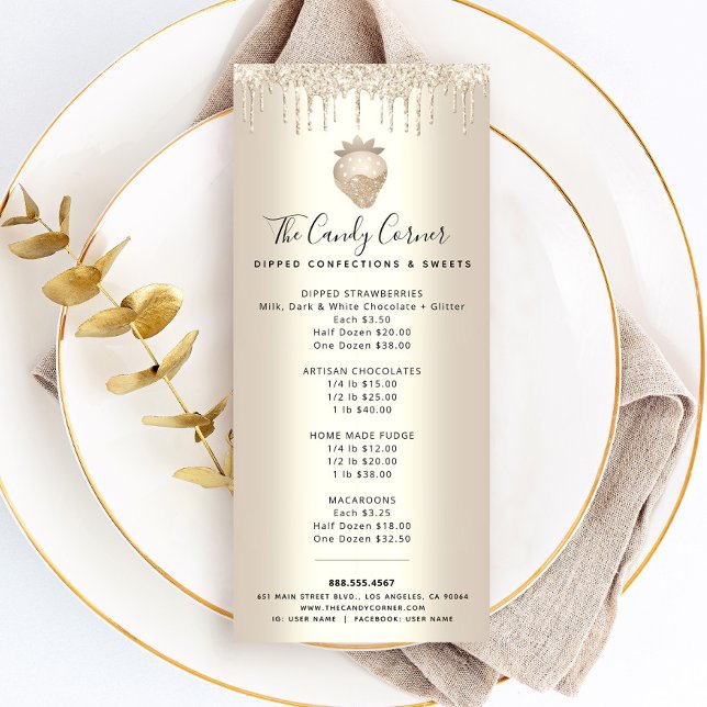 Gold Glitter Drips Strawberry Dessert Sweets Menu Werbekarte (Von Creator hochgeladen)