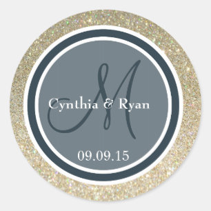 Gold Glitter & Dunkelblaue Hochzeitsmonogramm Runder Aufkleber