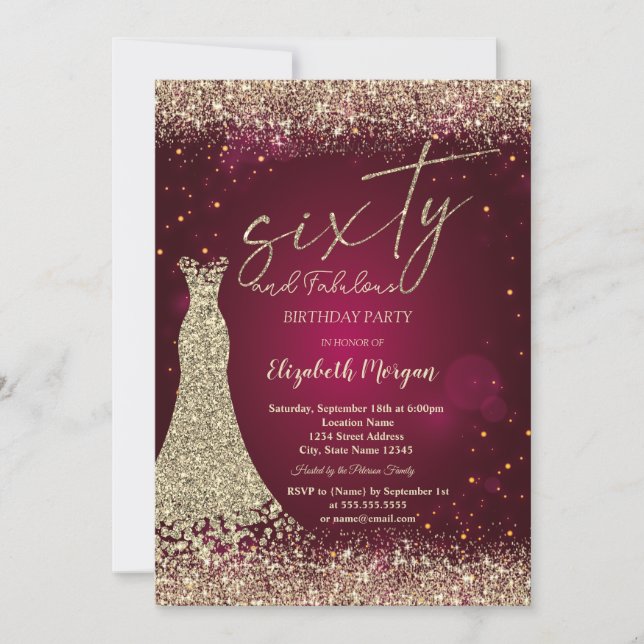 Gold Glitter Dust Border Dress Red 60th Birthday  Einladung (Vorderseite)