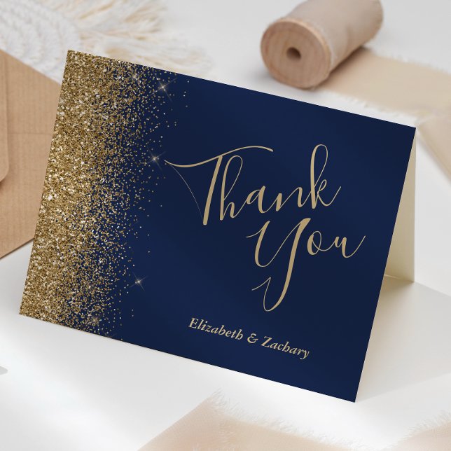Gold Glitter Edge Navy Blue Wedding Thank You Karte (Von Creator hochgeladen)