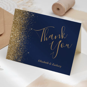 Gold Glitter Edge Navy Blue Wedding Thank You Karte