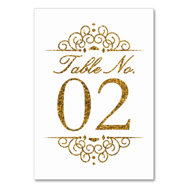 Gold Glitter Effekt Hochzeit Tischnummernkarte (02 Tischnummer (Vorderseite)