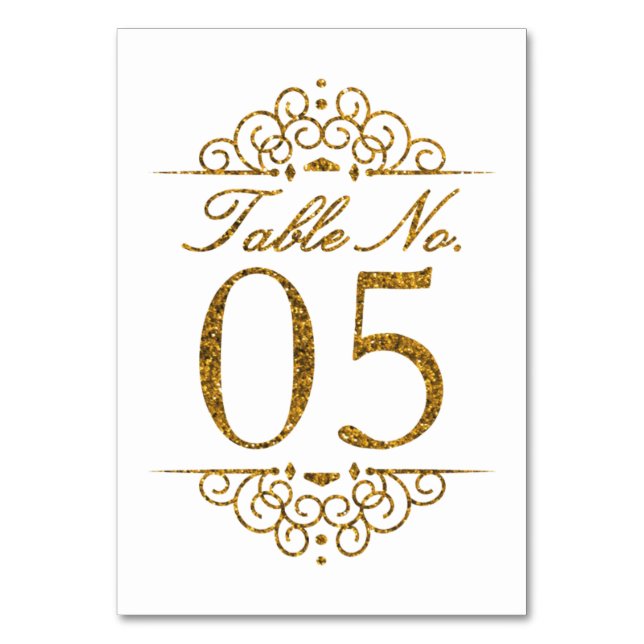 Gold Glitter Effekt Hochzeit Tischnummernkarte (05 Tischnummer (Vorderseite)