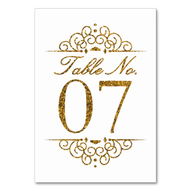 Gold Glitter Effekt Hochzeit Tischnummernkarte (07 Tischnummer (Vorderseite)
