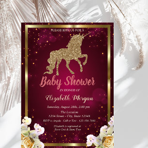 Gold Glitter Einhorn Floral Burgunder Baby-Party Einladung