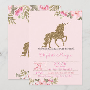 Gold Glitter Einhorn Florale Babyparty Einladung