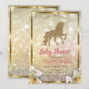 Gold Glitter Einhorn Florales Bokeh Baby Shower Einladung