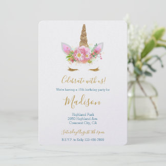 Gold Glitter Eyelash Pink Floral Unicorn Birthday Einladung
