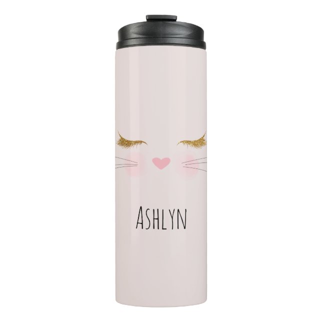 Gold Glitter Eyelashes Pink Nose Kitty Cat Face Thermosbecher (Vorderseite)