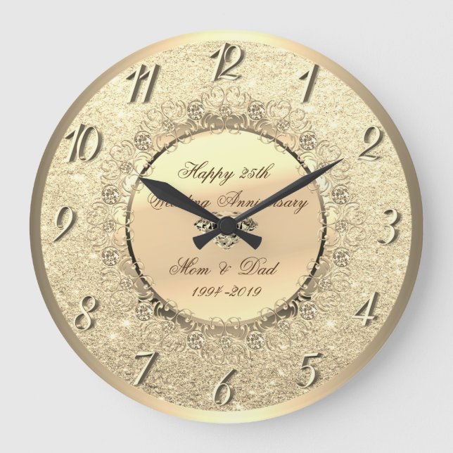 Gold Glitter  Floral 25th Wedding Anniversary Große Wanduhr (Vorderseite)