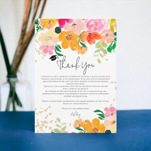 Gold glitter floral photo botanical graduation dankeskarte (Gold glitter floral photo botanical graduation thank you card)