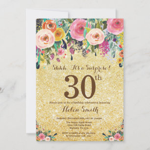 Gold Glitter Floral Überraschung 30. Geburtstag Einladung