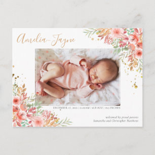 Gold Glitter Florales Foto Mädchen Geburtsanzeige Postkarte